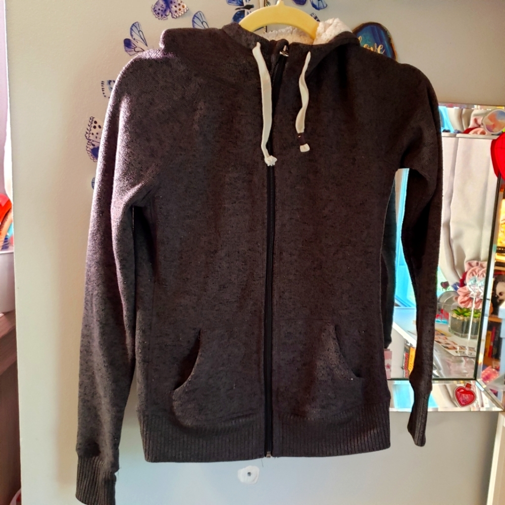 Heathered grey black SO small zipup hooded sweater heavyweight cold weather hood
